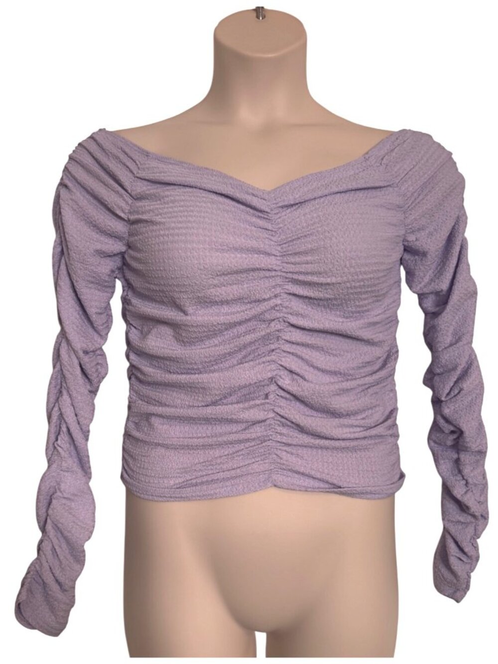 Elodie Textured Stretchy Size Large Lavender Ruched NWT Long Sleeve Cropped